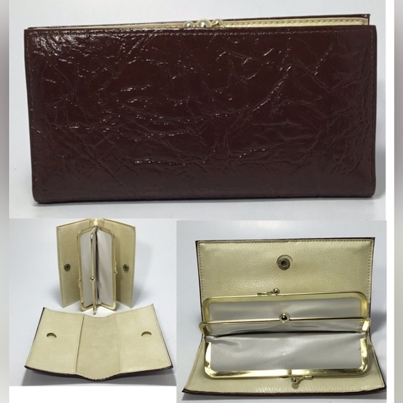 Vintage Brown Cream Patent Textured Leather Wallet - Picture 1 of 16